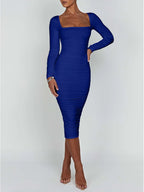 Autumn and Winter Women Sexy Bodycon Dress Square Neck Long Sleeved Ladies Evening Dresses - Matrix-studios.com