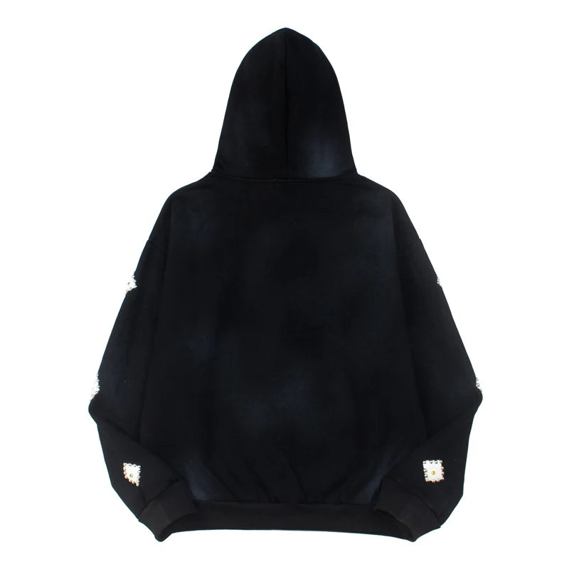 SATOSHI Hoodies Pullover 26ss Vintage Embroidery Leather Pattern Glittering Diamond Print Men's Hooded Hip Hop Style Sweatshirts - Matrix-studios.com