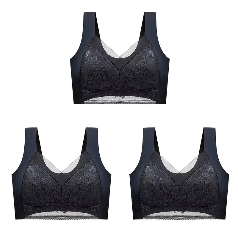 3Pcs Women Lace Bra Perspective Push Up Ice Silk Deep V Bralette Bra Sexy Lingerie Tops Plus Size Cup Mom's underwear L-5XL - Matrix Studios