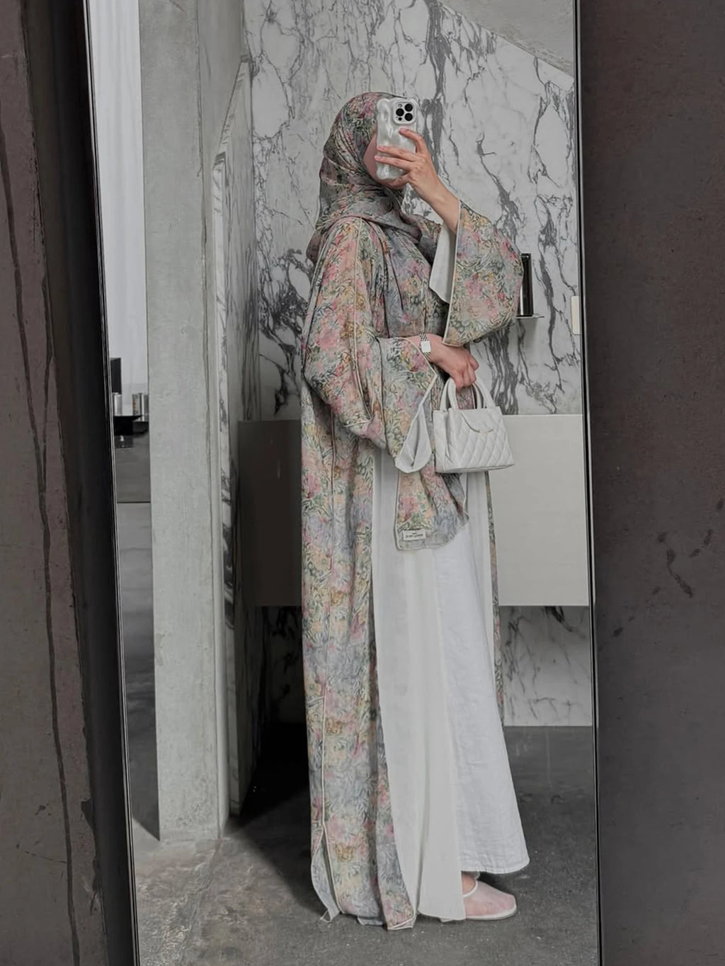 Middle Eastern Elegant Arabic Traditional Cardigan Long-Sleeved Floral Print Abaya Robe with Headscarf - Matrix-studios.com
