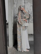 Middle Eastern Elegant Arabic Traditional Cardigan Long-Sleeved Floral Print Abaya Robe with Headscarf - Matrix-studios.com