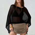Women Sheer Knit Poncho Top Y2K See Through Crochet Batwing Sleeve Beach Cover Up Poncho Shawl Beach Vacation Outfits - Matrix Studios