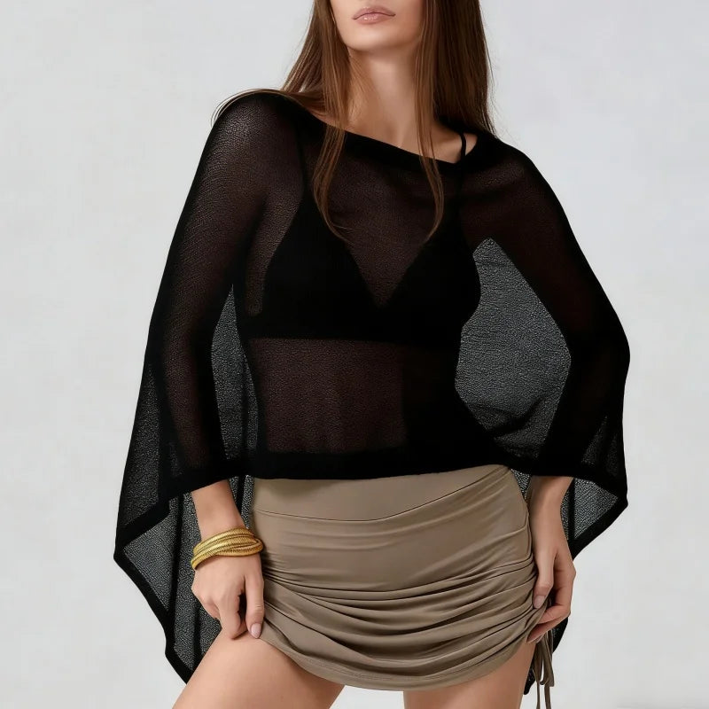 Women Sheer Knit Poncho Top Y2K See Through Crochet Batwing Sleeve Beach Cover Up Poncho Shawl Beach Vacation Outfits - Matrix Studios