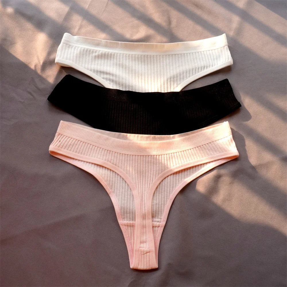3 Pcs Seamless Ladies Ribbed Cotton Thong Simple Women's Low Waist Bikini Briefs Sports Girls Underwear Plus Size - Matrix Studios