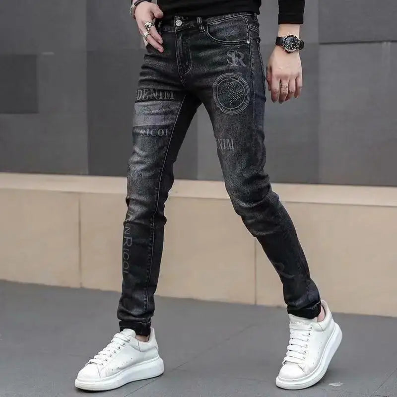 High End Stylish Classic Distinctive Printed Black Stretch Denim Jeans for Men High Quality Slim Fit Stretch Luxury Denim Pants - Matrix Studios