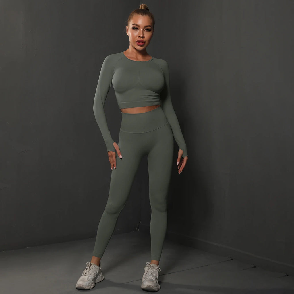 2Pcs Women Sets Energy Seamless Gym Suits Bubble Butt Sports Pants+Long Sleeve Shirts Push Up Running Sets Tracksuits Tights Set - Matrix-studios.com