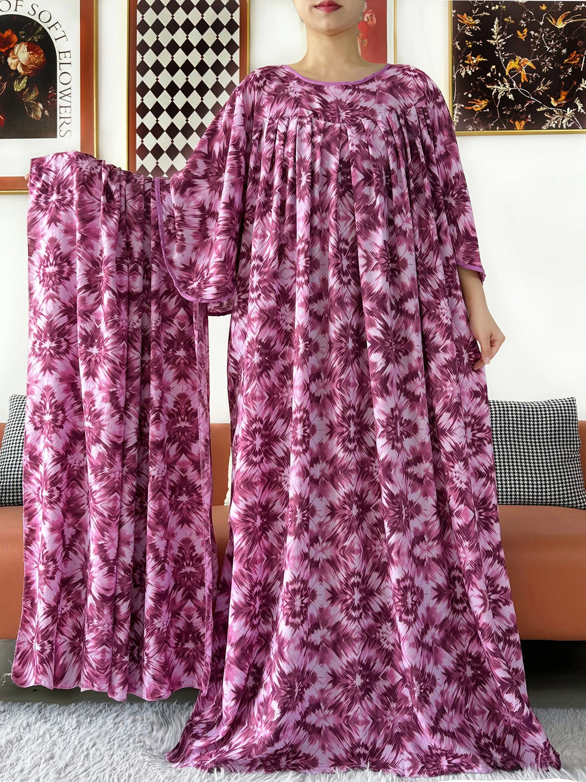 2025 New Loose Floral Dress Short Sleeve Cotton Women Abaya with Big Scarf Boho Maxi Dress Casual Fashion Dress African Vestidos - Matrix-studios.com