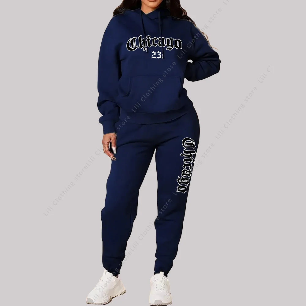Women's Sets Hoodies Pants 2 Piece Outfits Aesthetic Sportswear Sweatsuit Chicago Graphic Letter Print Plus Size Pink Tracksuit - Matrix-studios.com