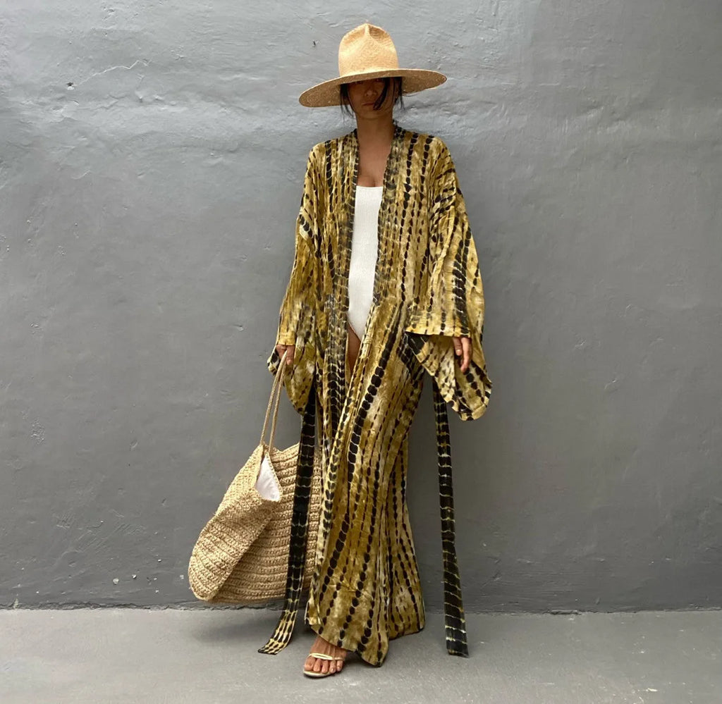 Bikini Cover Up Tie Dye Printed Women Long Beach Kimono Swimsuit Cape 2022 New Summer Beachwear Self Belted Bathing Suit - Matrix Studios