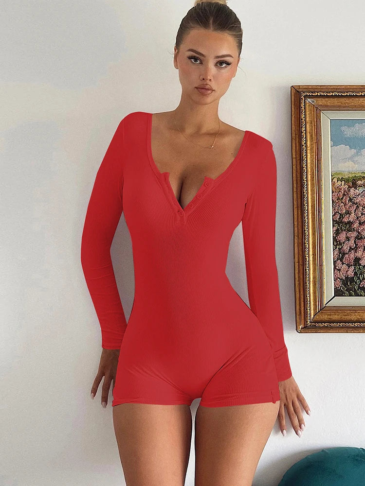 Hugcitar Spring Ribbed Solid Square Collar Long Sleeve Buttons Sexy Bodycon Skinny Playsuit Women Casual Romper Streetwear Sport - Matrix Studios