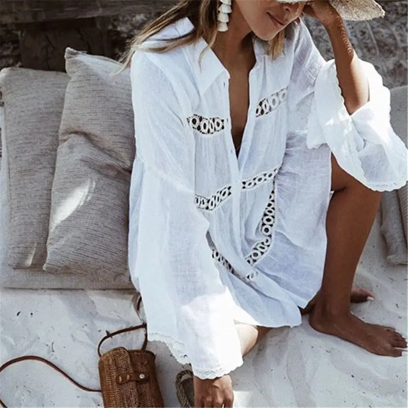 New Cover-ups 2023 Sexy V-neck Summer Beach Dress Tunic Women Casual Beachwear Swimsuit Cover Up Sarong Plage N771 - Matrix Studios