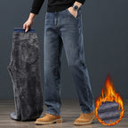 Winter Fleece Men Jeans Classic Loose Straight Warm Thicken Trousers Business Casual Velvet Elastic Denim Pants Plus Size 42 44 - Matrix Studios