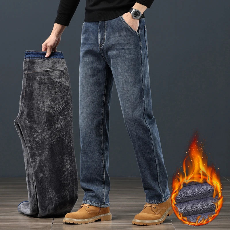 Winter Fleece Men Jeans Classic Loose Straight Warm Thicken Trousers Business Casual Velvet Elastic Denim Pants Plus Size 42 44 - Matrix Studios