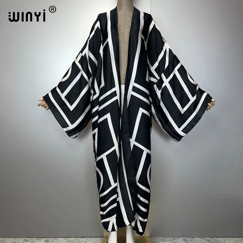 WINYI 2026 Kimono Women Printed Bubble Hem Coat Long Sleeve Cardigan Abaya Dubai Luxury Beachwear Cover Up Boho Dress Caftan - Matrix-studios.com