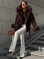 Chic Black Belted Coat Women Elegant Brown Fur - Trimmed Collar and Cuffs Middle Long Coats Lady Warm Cold - Weather Wear - Matrix Studios