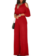 Spring Summer Solid Color Women Sexy Deep V Neck Short Sleeve Rompers Fashion Slim Fit Lace Up Elegant Female Wide Leg Jumpsuit - Matrix Studios