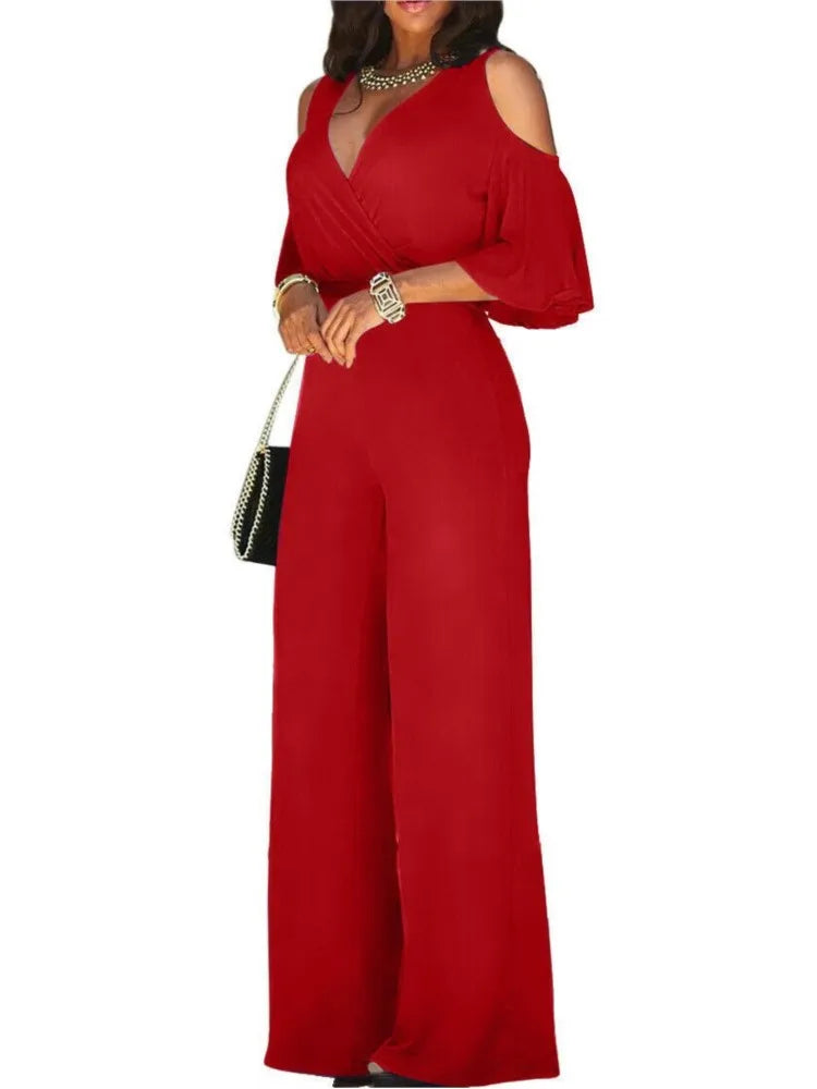 Spring Summer Solid Color Women Sexy Deep V Neck Short Sleeve Rompers Fashion Slim Fit Lace Up Elegant Female Wide Leg Jumpsuit - Matrix Studios