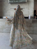 Middle Eastern Elegant Arabic Traditional Cardigan Long-Sleeved Floral Print Abaya Robe with Headscarf - Matrix-studios.com