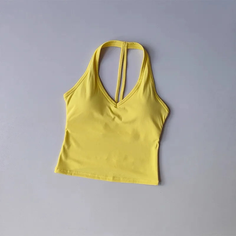 Women's Sexy V-Neck Fitness Bra Nude Sports Bra Hanging Neck Yoga Suit Vest Comfortable Breathable Gym Top for Active Wear - Matrix Studios