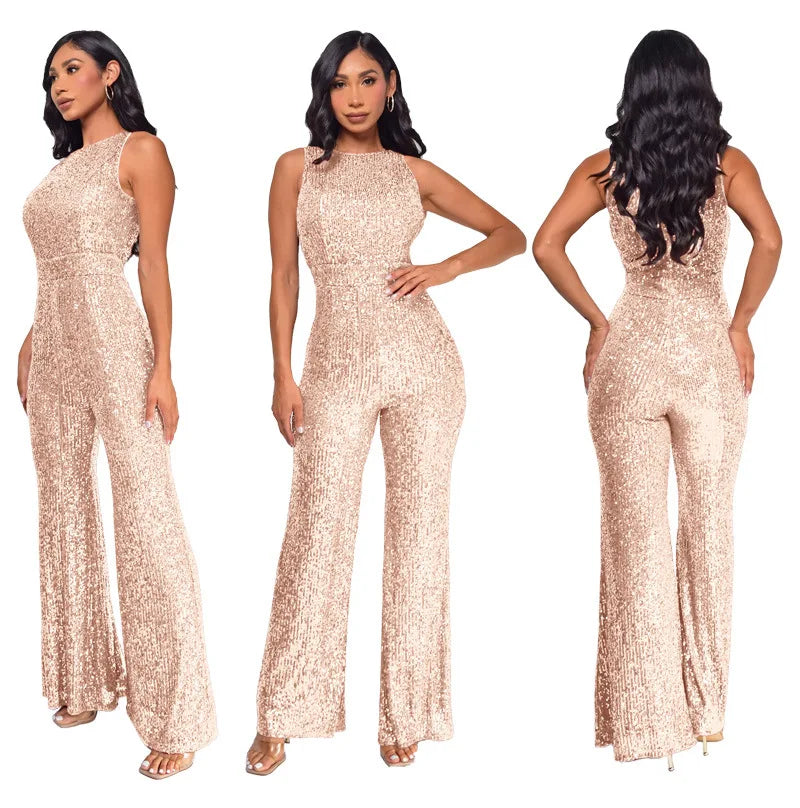 Bling Bling Sequined Club Jumpsuit Sexy Women O-neck Elegant Shiny Sliver Gold Sequins Straight Romper Overalls - Matrix Studios