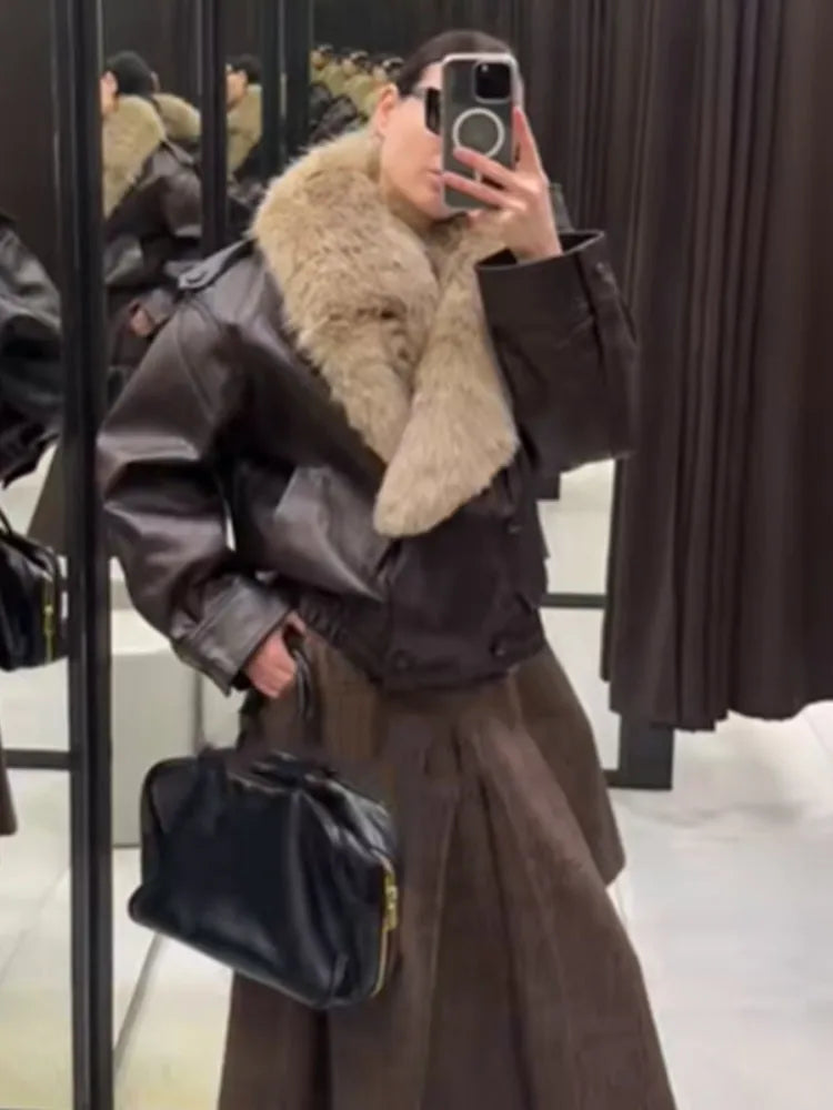 Women Vintage Fur Collar Leather Jacket Lapel V-neck Full Sleeve Double Breasted Bomber Jackets Lady Winter High Street Outwears - Matrix Studios