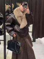 Women Vintage Fur Collar Leather Jacket Lapel V-neck Full Sleeve Double Breasted Bomber Jackets Lady Winter High Street Outwears - Matrix Studios