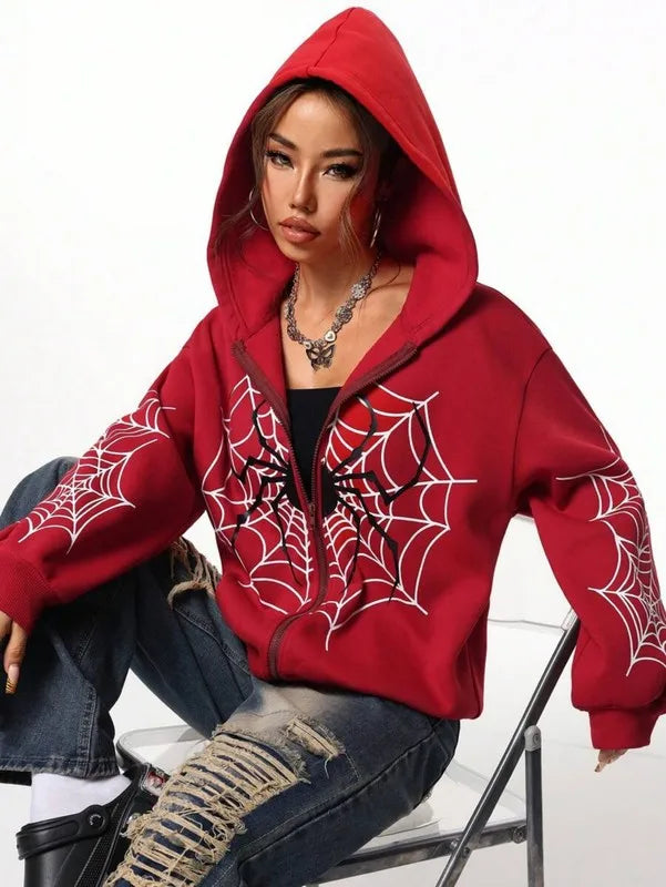 2026 Y2K Spider Web Print Unisex Zip Up Hoodie| Oversized Loose Fit for Men & Women, All Seasons - Matrix Studios