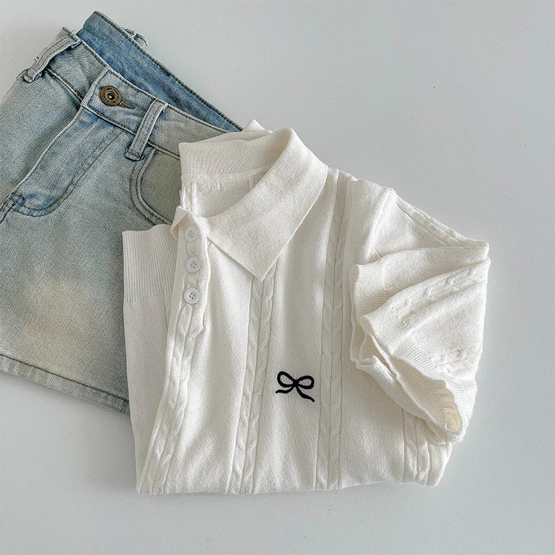 AOSSVIAO 2026 Summer New Korean Fashion Slim Polo shirt Knitted Short Sleeve T-shirt Sweet Bow Embroidered Knitted  Women Tops - Matrix-studios.com