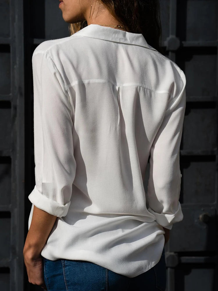 Women Elegant Solid Chiffon Blouse Spring Summer Casual Long Sleeve V Neck Loose Shirt Office Lady Tunics Oversized Tops 2024 - Matrix-studios.com