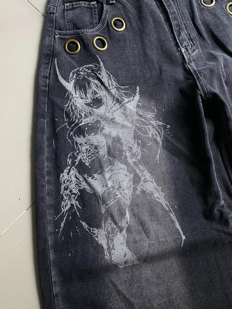 American New Fashion Oversized Pattern Printed Washed Jeans Men Y2K Gothic Rock Popular Casual Joker High Waist Wide Leg Pants - Matrix Studios