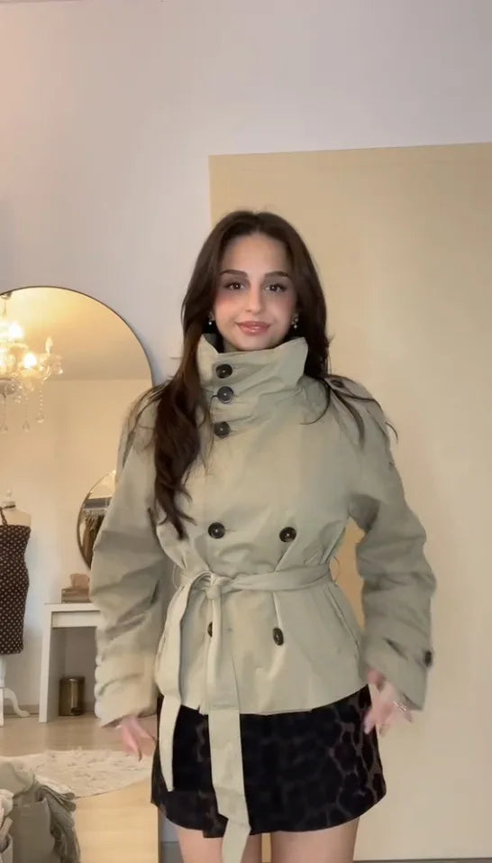 Belted Waist Cropped Trench Jackets Women Double Breasted Stand Collar Coats 2025 Autumn Chic Casual Vintage Jacket Women Cloth - Matrix-studios.com