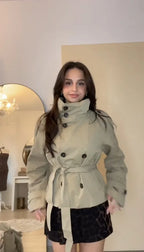 Belted Waist Cropped Trench Jackets Women Double Breasted Stand Collar Coats 2025 Autumn Chic Casual Vintage Jacket Women Cloth - Matrix-studios.com