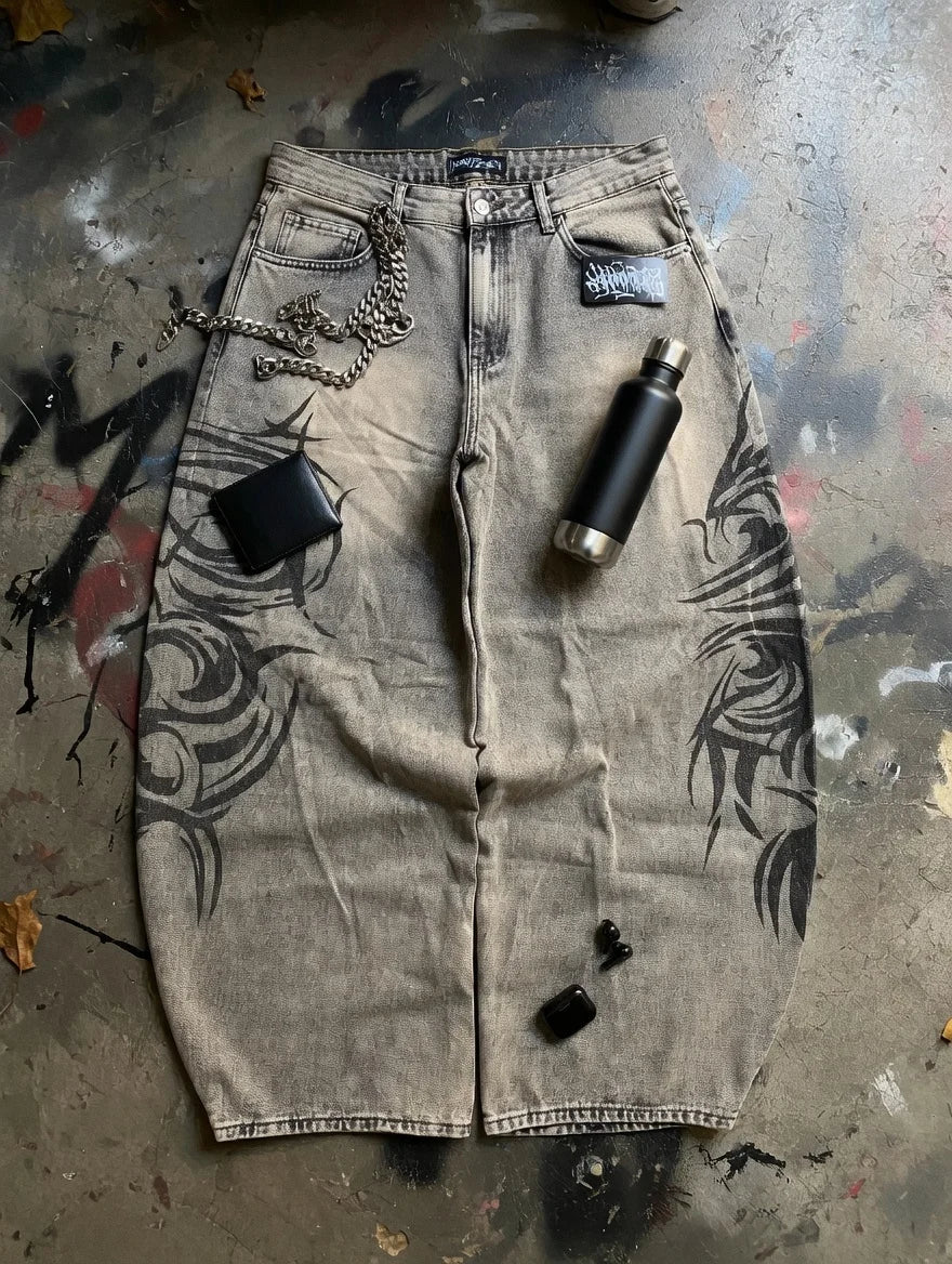 American Retro Streetwear Y2K Gray Printed Loose Jeans Hip Hop Harajuku Casual Washed Distressed Straight Floor Mopping Pants - Matrix Studios