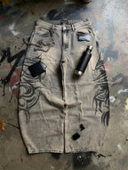 American Retro Streetwear Y2K Gray Printed Loose Jeans Hip Hop Harajuku Casual Washed Distressed Straight Floor Mopping Pants - Matrix Studios