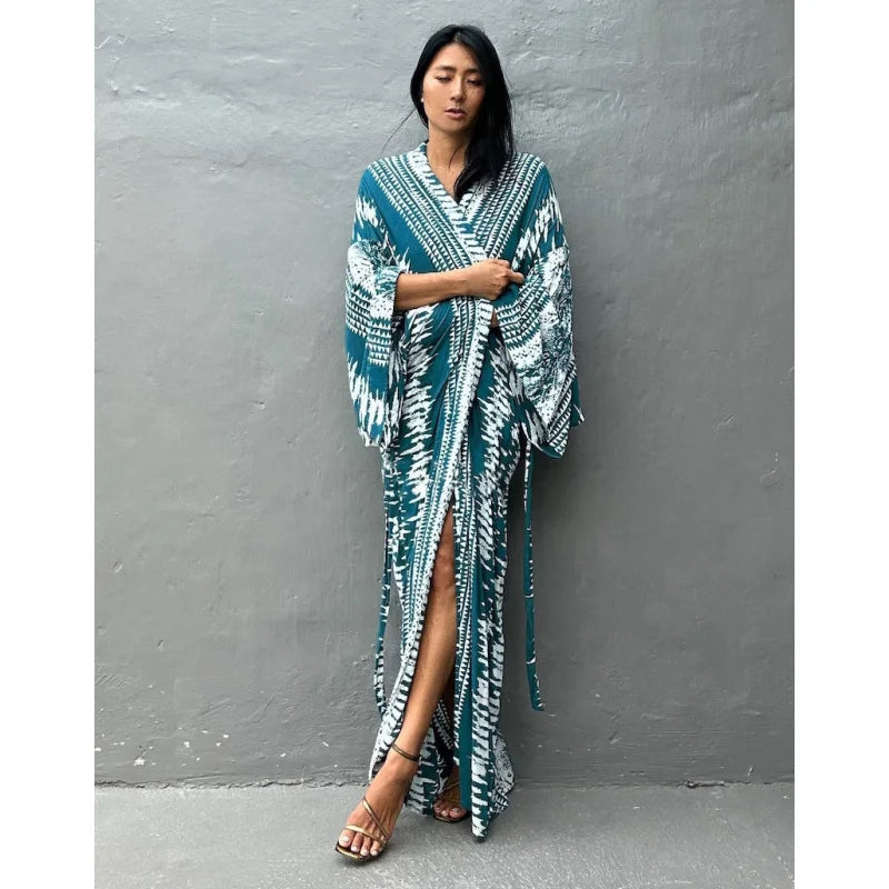 Beach Cover Ups Women Tie Dye Printed Kimono Cardigan Self Belted Wrap Dresses Summer Holiday Bathing Suits - Matrix Studios