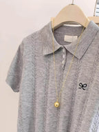 AOSSVIAO Cute Bow Embroidery Short Sleeve Tops 2026 Summer New Women Gray Knitted Polo neck T-shirt Trendy Versatile Casual Tee - Matrix-studios.com