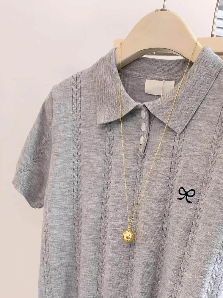 AOSSVIAO Cute Bow Embroidery Short Sleeve Tops 2026 Summer New Women Gray Knitted Polo neck T-shirt Trendy Versatile Casual Tee - Matrix-studios.com