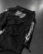 Y2k Patchwork Stripe Embroidery Fur Edge Jeans Fashion America Retro Zipper Splicing Baggy Jeans Punk Men Black Denim Pants - Matrix Studios