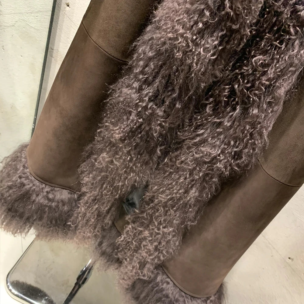 Suede Coat Fur Collar Women Autumn Genuine Sheepskin Coat Long with Mongfolian Fur Trim - Matrix Studios