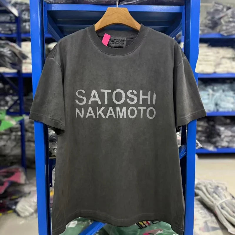 Summer Latest Highest Quality Fashion High Street SATOSHI NAKAMOTO Washed Distressed Beaded Destroyed Short-Sleeve T-Shirt - Matrix-studios.com