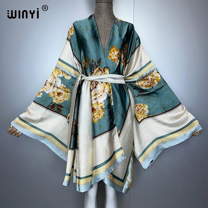WINYI Bohemian Print Kimono Beach Outfits Women Swim Suit Cover Up Maxi Cardigan Stitch Self Belt Holiday Long Sleeve Print Coat - Matrix Studios