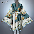 WINYI Bohemian Print Kimono Beach Outfits Women Swim Suit Cover Up Maxi Cardigan Stitch Self Belt Holiday Long Sleeve Print Coat - Matrix Studios