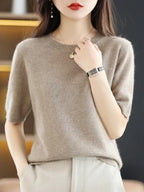 New Short-sleeved Knitwear Women O-neck T-shirt Wool Cotton Blend Pullover Vest Sprig Summer Bottoming Tops Sweater Solid Soft - Matrix Studios
