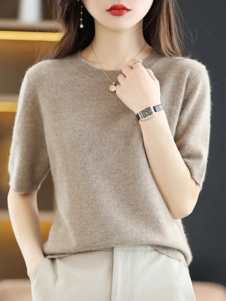 New Short-sleeved Knitwear Women O-neck T-shirt Wool Cotton Blend Pullover Vest Sprig Summer Bottoming Tops Sweater Solid Soft - Matrix Studios
