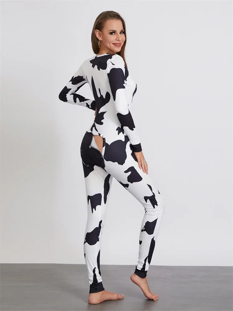 Women Buttoned Flap Jumpsuits Sleepwear Cow Printed Long Sleeve V Neck Bodycon Romper Spring Fall Loungewear - Matrix Studios