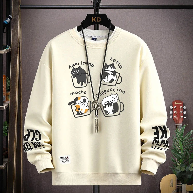 Spring Men's Sweatshirt Japan Cartoon Cats Printed Long Sleeve T-shirt Fashion Men's Clothing Khaki O Neck Harajuku Top 2024 New - Matrix Studios