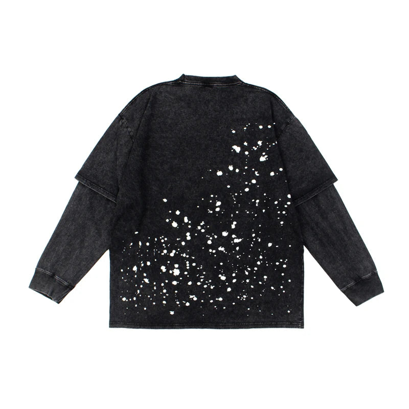 American High Street Satoshi Nakamoto Long Sleeve T Shirt Men Women Ink-blurry Retro Letter Print Double-layer Long Sleeve Top - Matrix-studios.com