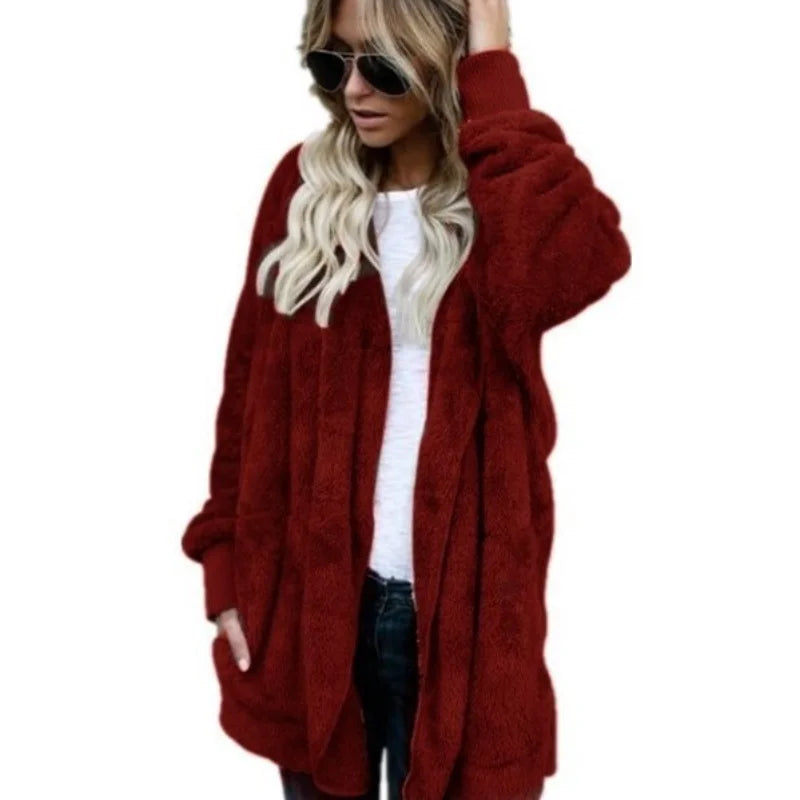 Women Autumn Winter Double-faced Fur Fleece Faux Fur Medium Style Hooded Warm Thick Coat Casual Solid Long-sleeved Fur Overcoat - Matrix Studios