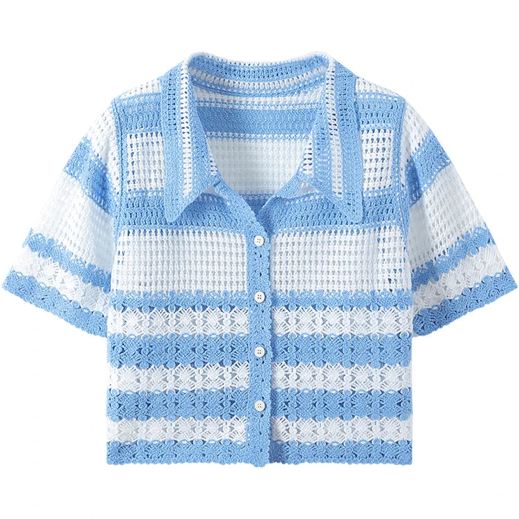 Striped Crochet Vest Top Collared Button-up Short Sleeve Sheer Crop Knit Top Cardigan Women Teengirl Fairycore Vintage Outfit - Matrix Studios