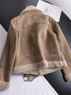 Ailegogo Winter Women Thick Warm Suede Lamb Jacket Short Motorcycle Brown Coats Faux Shearling Sheepskin Leather Jackets Outwear - Matrix Studios